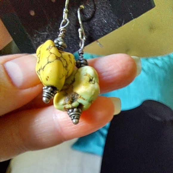 Rare Lime Green Chunky Spiderweb Turquoise Native American Navajo Silver Earring - Picture 8 of 10